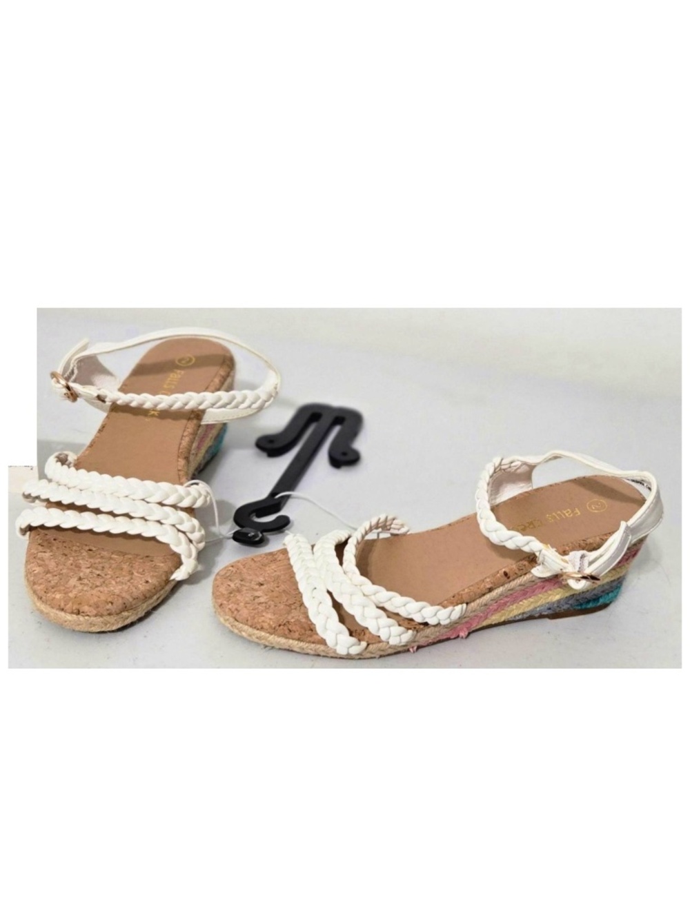 New Falls Creek Sandals Girls Size 2 White Braded Rainbow Wedge Espadrille Cork